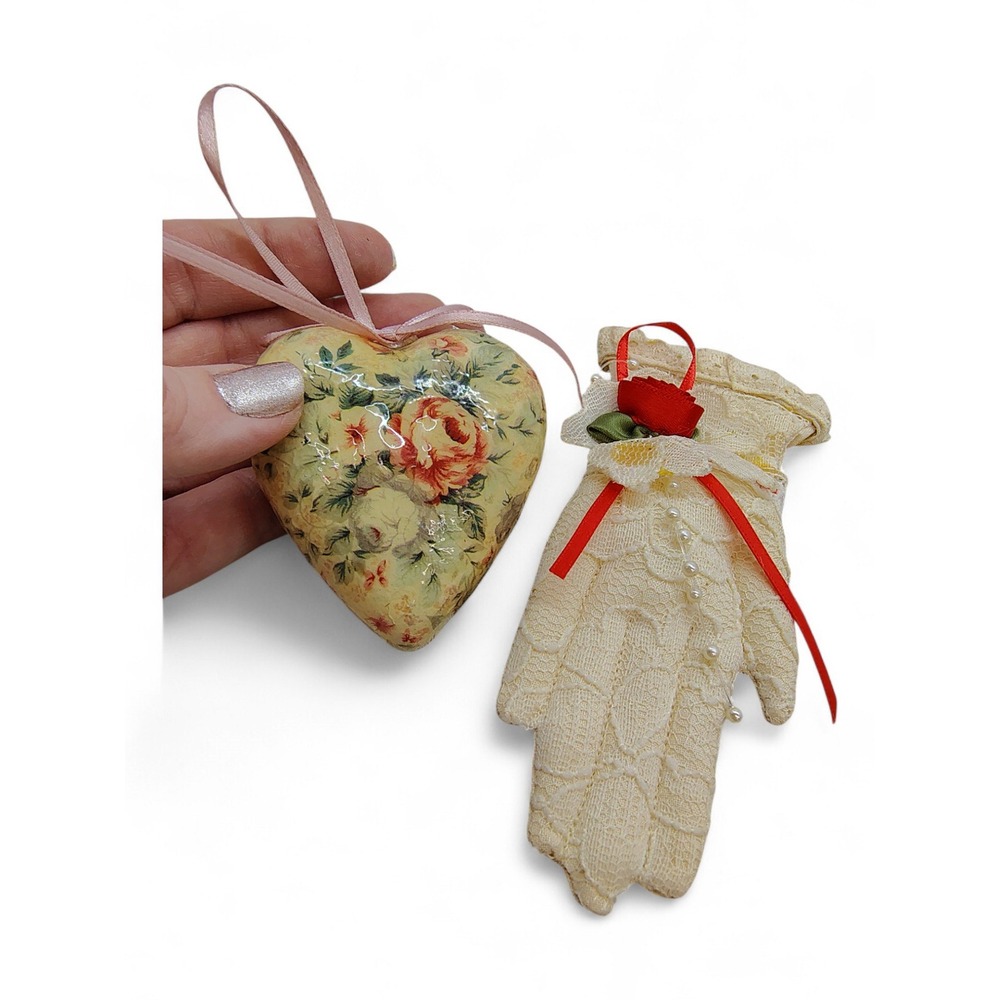 Heart & Lace Glove Ornament Set Romantic Cottagecore Christmas‎ Decor Bundle